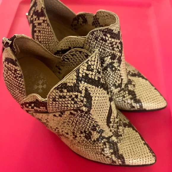 Vince Camuto White and Brown Snake-Print Pointed Ankle Booties - Picture 2 of 5
